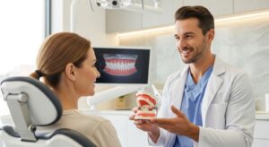 Dentist explaining treatment to a patient in a modern clinic