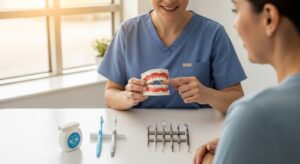 Dentist explaining dental cleaning vs deep cleaning to a patient