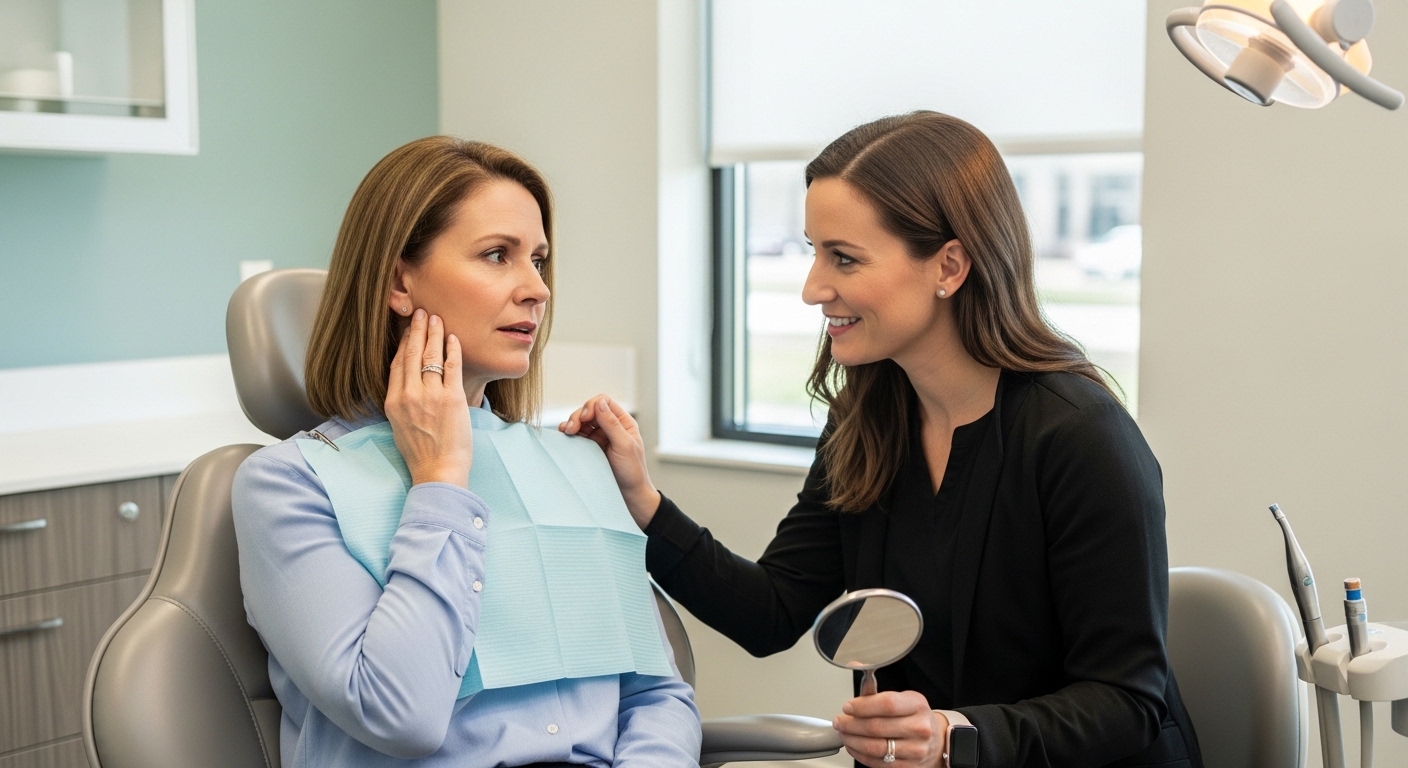 Patient in a dental chair during a consultation at a modern dental office.