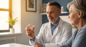 Dentist discussing denture options with a patient in a dental office.