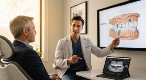 A dentist consulting with a patient about dental implants in an 80211 dental office.