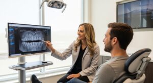 Dentist consulting with a patient in a modern dental office