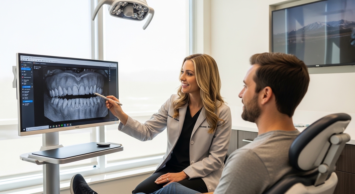 Dentist consulting with a patient in a modern dental office