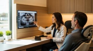 Dentist consulting with patient using advanced dental technology.