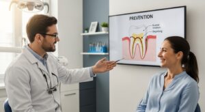 Dentist consulting with adult patient about cavity prevention strategies