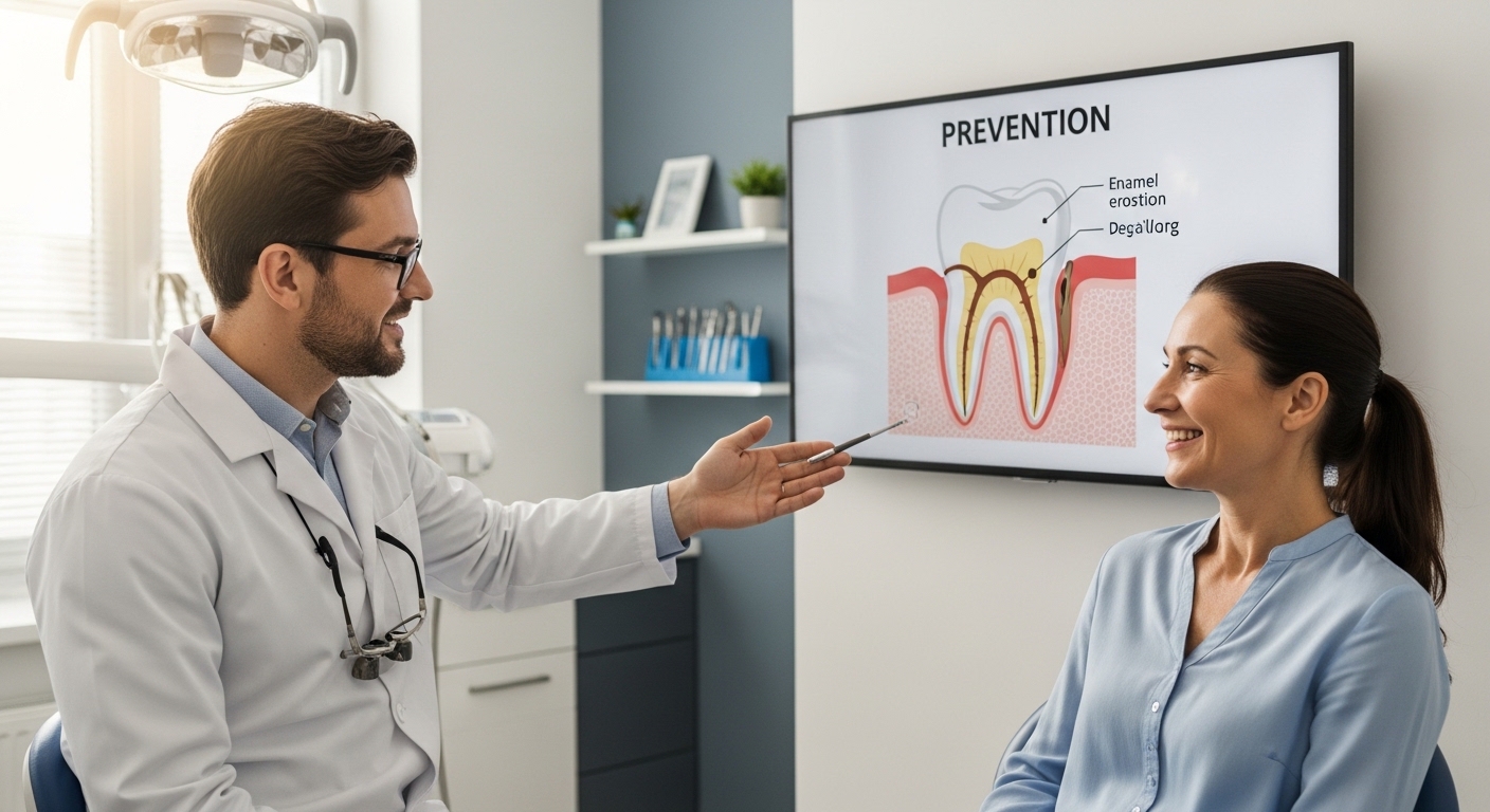 Dentist consulting with adult patient about cavity prevention strategies